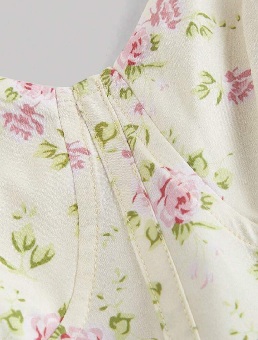 SHEIN MOD Robe midi élégante femme à taille froncée avec impression florale disty vintage, tenue de vacances femme, tenue d'été pour femmes, vêtements occidentaux femme, tenue de campagne, tenue de vacances à la plage, Saint-Valentin, robe bohème femme