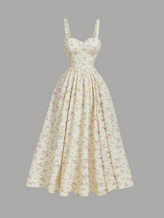 SHEIN MOD Robe midi élégante femme à taille froncée avec impression florale disty vintage, tenue de vacances femme, tenue d'été pour femmes, vêtements occidentaux femme, tenue de campagne, tenue de vacances à la plage, Saint-Valentin, robe bohème femme