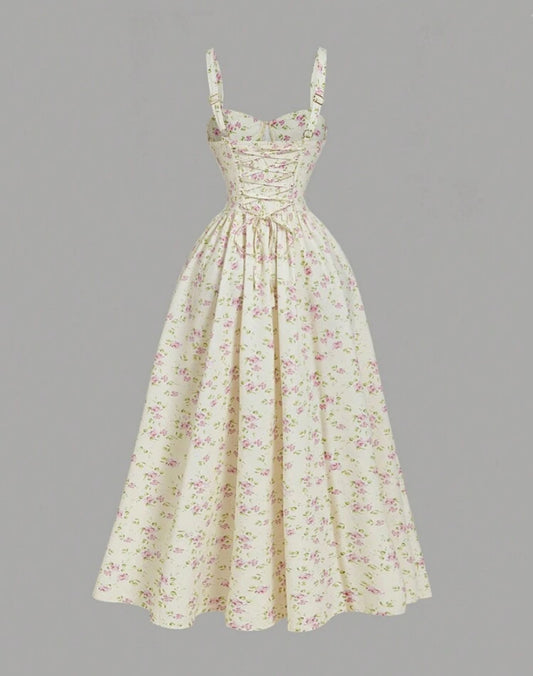 SHEIN MOD Robe midi élégante femme à taille froncée avec impression florale disty vintage, tenue de vacances femme, tenue d'été pour femmes, vêtements occidentaux femme, tenue de campagne, tenue de vacances à la plage, Saint-Valentin, robe bohème femme