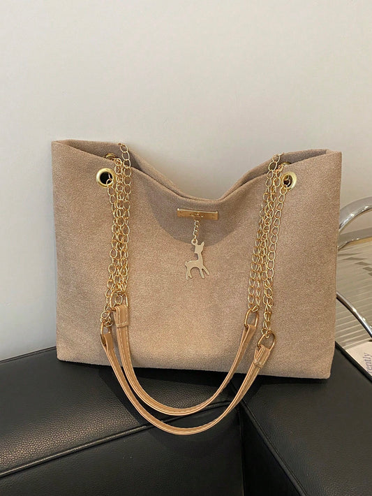 1 pièce Sac fourre-tout à épaule mode en polyester avec fermeture éclair, capacité importante, décoration de cerf, convient pour un usage quotidien des femmes