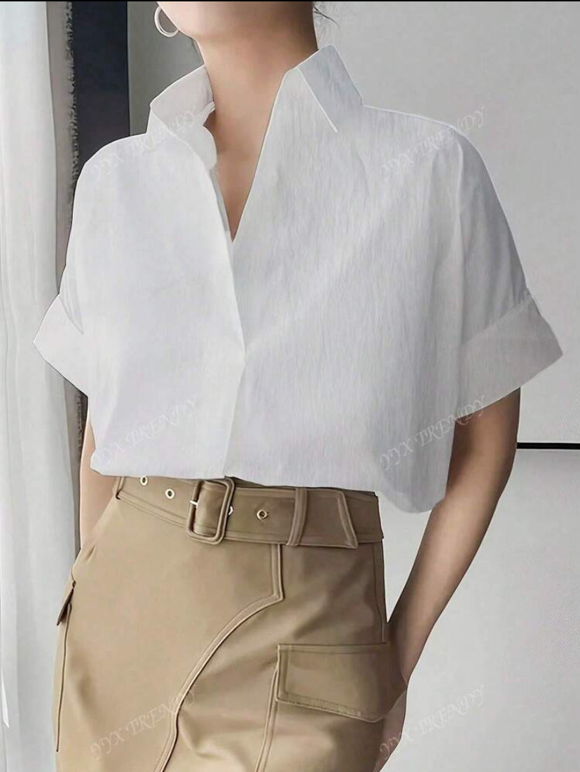 Blouse simple à col unicolore, couleur unie, chemise ample à manches courtes élégante, convenant pour le bureau et le travail, femmes