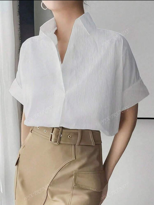 Blouse simple à col unicolore, couleur unie, chemise ample à manches courtes élégante, convenant pour le bureau et le travail, femmes