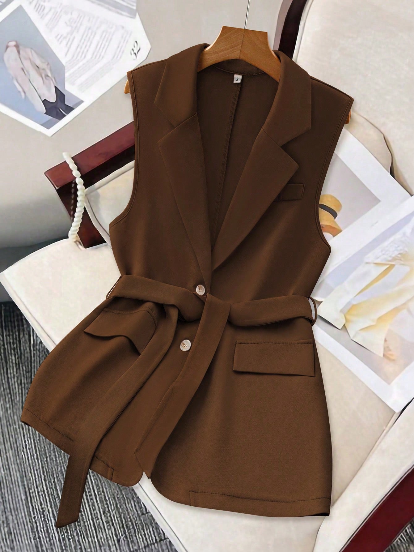 SHEIN Clasi Veste sans manches décontractée et ample unicolore avec col cranté, pour la saison automnale