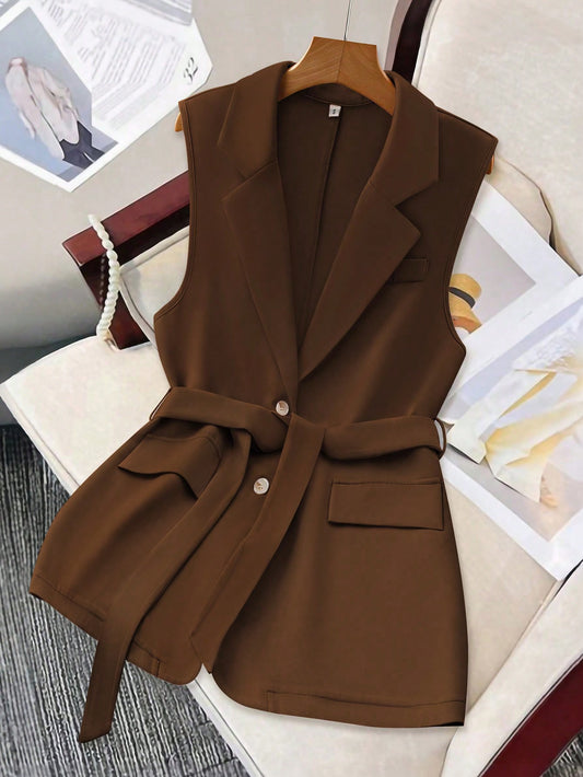 SHEIN Clasi Veste sans manches décontractée et ample unicolore avec col cranté, pour la saison automnale