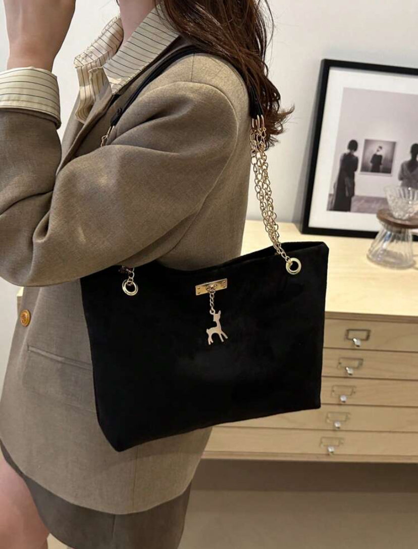 1 pièce Sac fourre-tout à épaule mode en polyester avec fermeture éclair, capacité importante, décoration de cerf, convient pour un usage quotidien des femmes