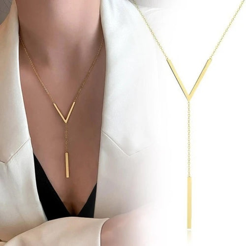 Collier à long pompon en acier inoxydable couleur or pour femme, clavicule Mia, forme minimaliste, vacances, fête, V, F1bery
